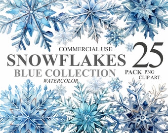 25 Blue Snowflakes Collection Winter Clipart, Christmas Watercolor PNG Digital Clip Art Bundle, Holiday Sublimation Illustrations 300 DPI
