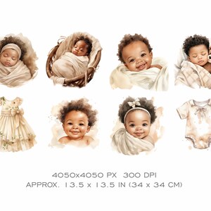 Op de afbeelding: Een digitale collage van zes afbeeldingen met een baby met een bruine huid en krullend haar. De baby is in verschillende poses te zien, waaronder slapen, glimlachen en het dragen van een jurk en een romper. De afbeeldingen zijn tegen een witte achtergrond geplaatst.