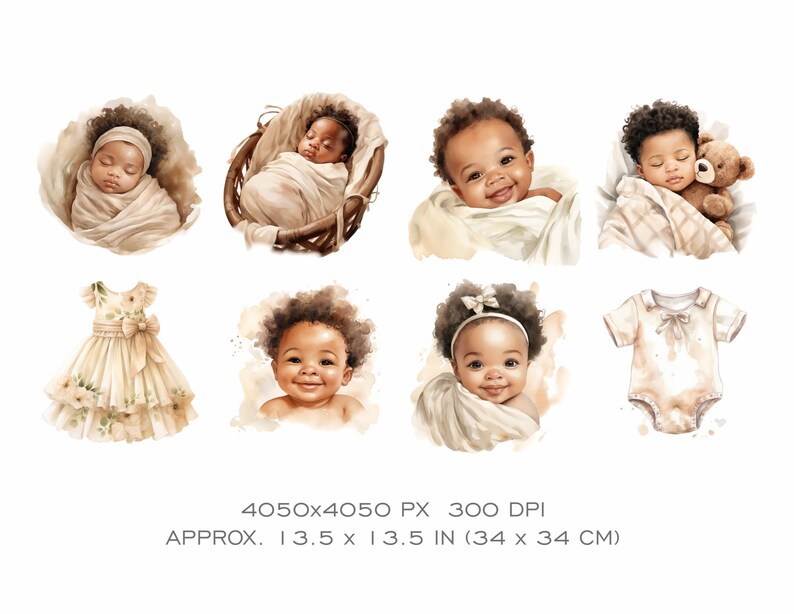 Op de afbeelding: Een digitale collage van zes afbeeldingen met een baby met een bruine huid en krullend haar. De baby is in verschillende poses te zien, waaronder slapen, glimlachen en het dragen van een jurk en een romper. De afbeeldingen zijn tegen een witte achtergrond geplaatst.