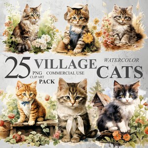 Puede incluir: Un conjunto de 25 ilustraciones de acuarela de gatos en varias poses. Los gatos se representan en un entorno de pueblo con flores y vegetación. Las ilustraciones son de estilo vintage y son perfectas para scrapbooking, creación de tarjetas y otros proyectos de manualidades. El texto en la imagen dice "25 Village Watercolor Cats PNG Clip Art Pack Commercial Use".