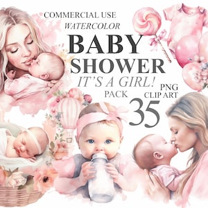 35 Clipart per baby shower ad acquerello Pacchetto per bambine Clip art digitale, Illustrazione trasparente per la cameretta dei neonati PNG, Babyshower per rivelare il sesso del bambino