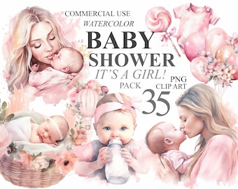 35 aquarel baby shower clipart baby meisje bundel digitale illustraties, pasgeboren kwekerij transparante PNG-afbeelding, gender Reveal babyshower