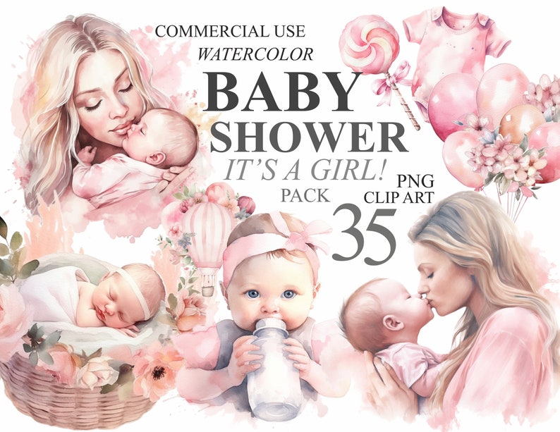 35 Watercolor Baby Shower Clipart Baby Girl Bundle Digital Clip Art ...