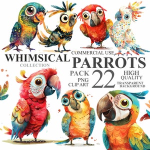 22 Whimsical Parrots Clipart, Watercolor Funny Graphics PNG Digital Clip Art, Quirky Birds Clipart, Tropical Bird Junk Journal Scrapbooking
