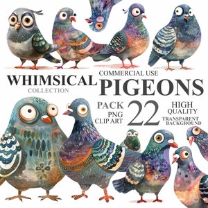 22 imágenes prediseñadas de palomas caprichosas, gráficos divertidos de acuarela PNG Clip Art digital, imágenes prediseñadas de pájaros extravagantes, álbum de recortes del diario basura de pájaros de la ciudad