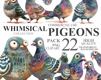 22 Whimsical Pigeons Clipart, Watercolor Funny Graphics PNG Digital Clip Art, Quirky Birds Clipart, City Bird Junk Journal Scrapbooking