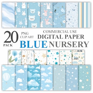 20 Blue Nursery Digital Paper Bundle Pack, Teddy Bear Seamless Pattern Scrapbook, Printable Boy Baby Shower Background, Commercial Use
