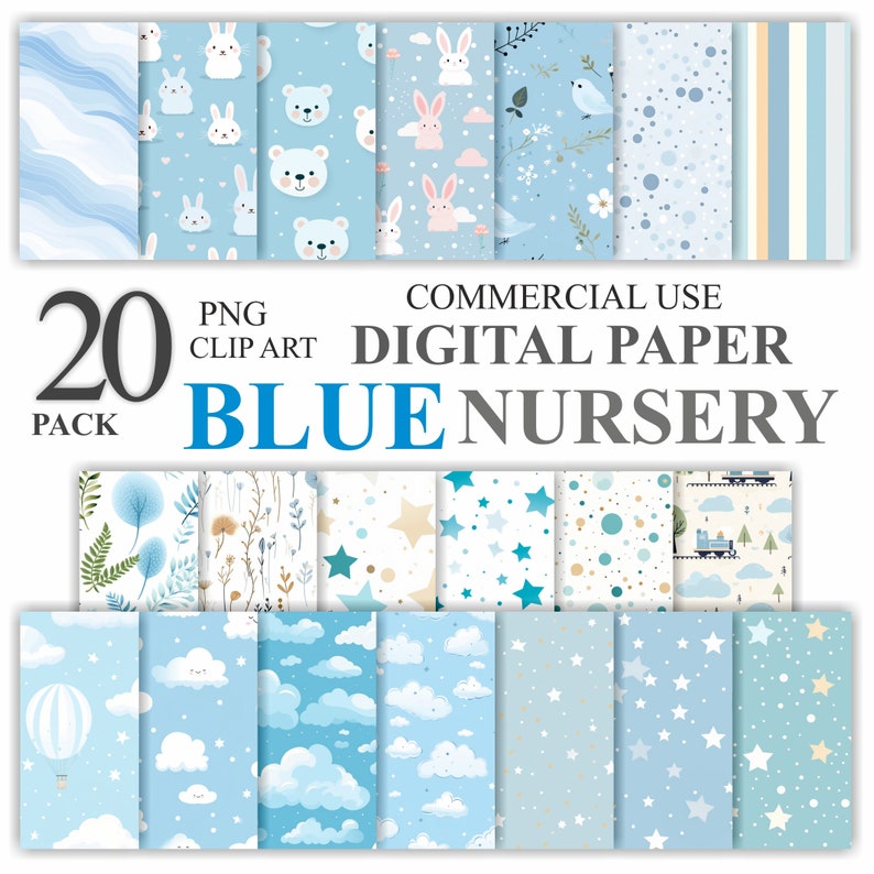 20 Blue Nursery Digital Paper Bundle Pack, Teddy Bear Seamless Pattern ...