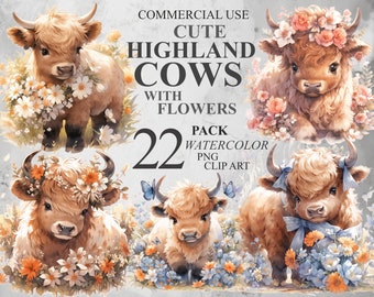 22 Cute Highland Cows with Flowers Clipart, Watercolor Cow PNG Digital Art, Nursery Illustrations, Transparent Farm Animal Clip art Bundle