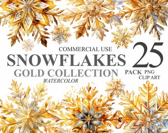 Colección de 25 copos de nieve dorados, imágenes prediseñadas de invierno, paquete de imágenes prediseñadas digitales PNG de acuarela navideña, ilustraciones de sublimación de vacaciones de 300 DPI