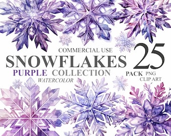25 Purple Snowflakes Collection Winter Clipart, Christmas Watercolor PNG Digital Clip Art Bundle, Holiday Sublimation Illustrations 300 DPI