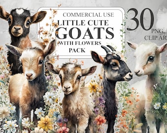 30 Little Goats with Flowers Clipart, Watercolor Cute Goatling PNG Digital Clip art, Goat Illustrations, Transparent Animal Clipart Bundle