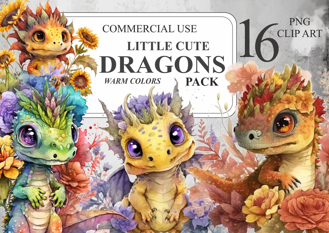 Watercolor Little Cute Dragons Pack, 16 Watercolour Baby Dragons PNG ...