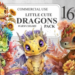 Watercolor Little Cute Dragons Pack, 16 Watercolour Baby Dragons PNG Clip art, Mystical Fantasy Clipart Bundle, Commercial Use 300 DPI