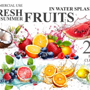 28 Clipart di frutta estiva fresca, frutta in acqua spruzzata PNG illustrazione digitale, frutta succosa, pacchetto di clipart di cibo con sfondo trasparente