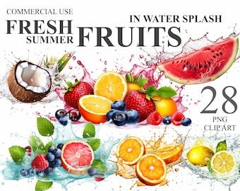 28 imágenes prediseñadas de frutas frescas de verano, ilustración digital PNG de frutas en agua salpicadas, frutas jugosas, paquete de imágenes prediseñadas de alimentos con fondo transparente