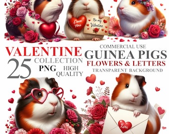 May include: A collection of 25 digital images featuring guinea pigs with flowers and Valentine's Day themed messages. The images are high quality PNG files with transparent backgrounds.  The images include guinea pigs holding hearts, flowers, and letters with messages like "Love You" and "Be My Valentine".