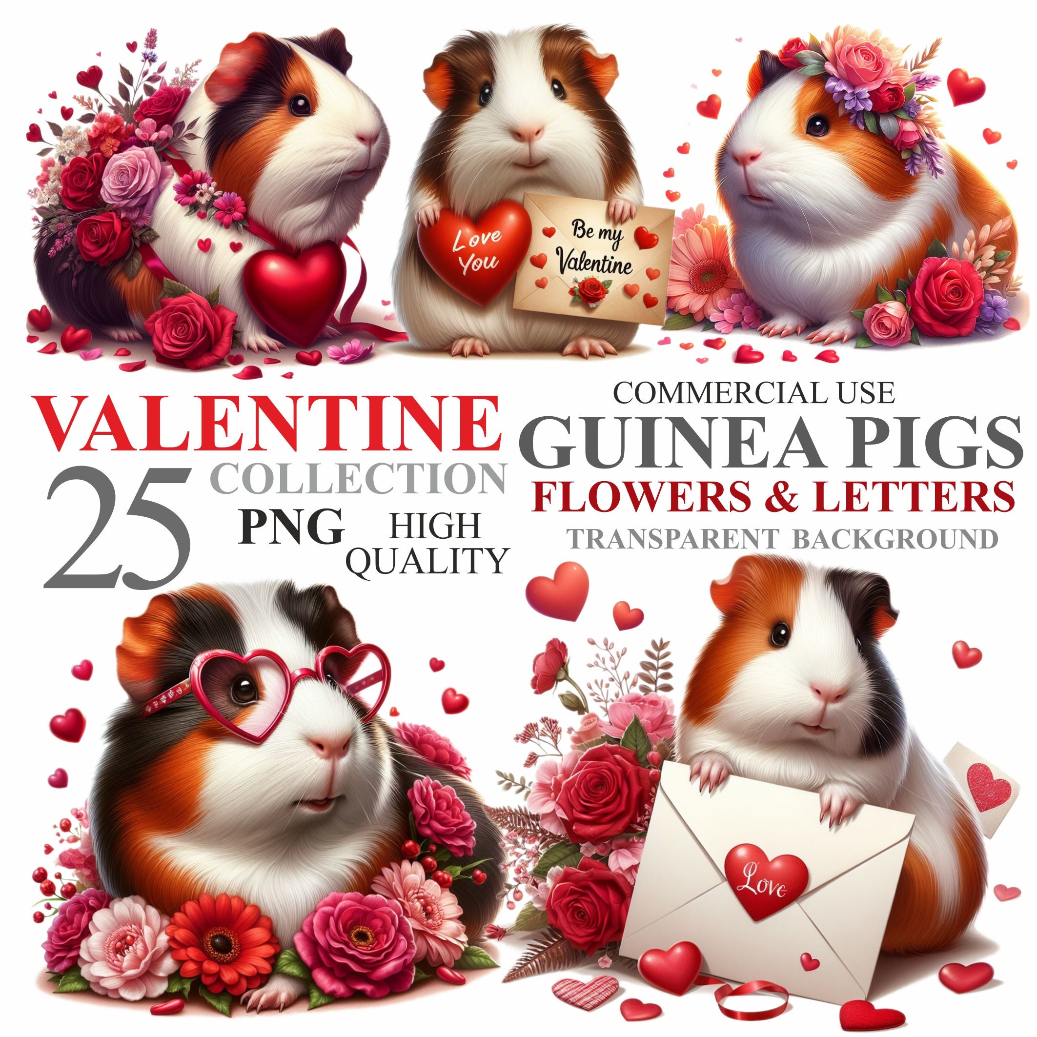 25 Watercolor Valentine Guinea Pigs Pack, February 14th Cute Animals ...
