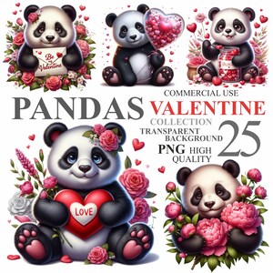 Pack de 25 pandas amour aquarelle, 14 février animaux mignons Clip Art, lot de cliparts romantique, Saint-Valentin PNG haute qualité 300 DPI