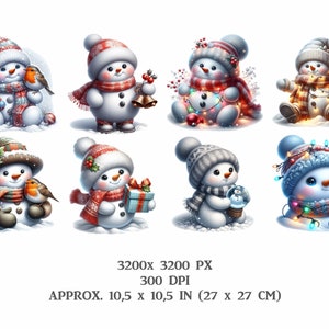 Pu&ograve; includere: Una stampa d'arte digitale che presenta otto adorabili pupazzi di neve con vari accessori invernali, tra cui sciarpe, cappelli e ornamenti. I pupazzi di neve sono raffigurati su uno sfondo bianco.