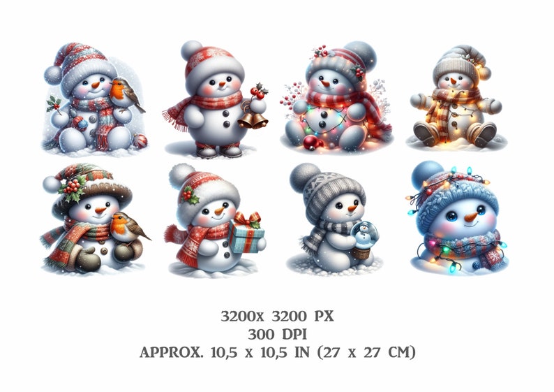 Pu&ograve; includere: Una stampa d'arte digitale che presenta otto adorabili pupazzi di neve con vari accessori invernali, tra cui sciarpe, cappelli e ornamenti. I pupazzi di neve sono raffigurati su uno sfondo bianco.