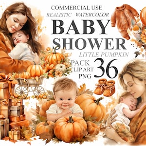 36 Aquarell Baby Shower Clipart Kleiner Kürbis Herbst-Bundle Digital Clip Art, Neugeborene Kinderzimmer PNG Illustrationen, Orange Babyshower