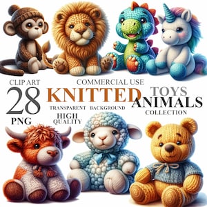 Pacote com 28 animais de tricô em aquarela, brinquedos de pelúcia fofos para berçário, clipart PNG, pacote de clipart de animais selvagens para chá de bebê para uso comercial, 300 DPI