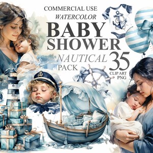 35 Watercolor Baby Shower Clipart Nautical Bundle Digital Clip Art, Newborn Nursery PNG Transparent illustration, Blue Marine Babyshower