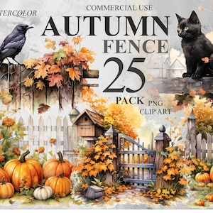 25 Autumn Fences Clipart, Watercolor Fall Floral Scenes PNG Digital Clip Art, Pumpkin Clipart Bundle, Scrapbook Illustrations, 300 DPI