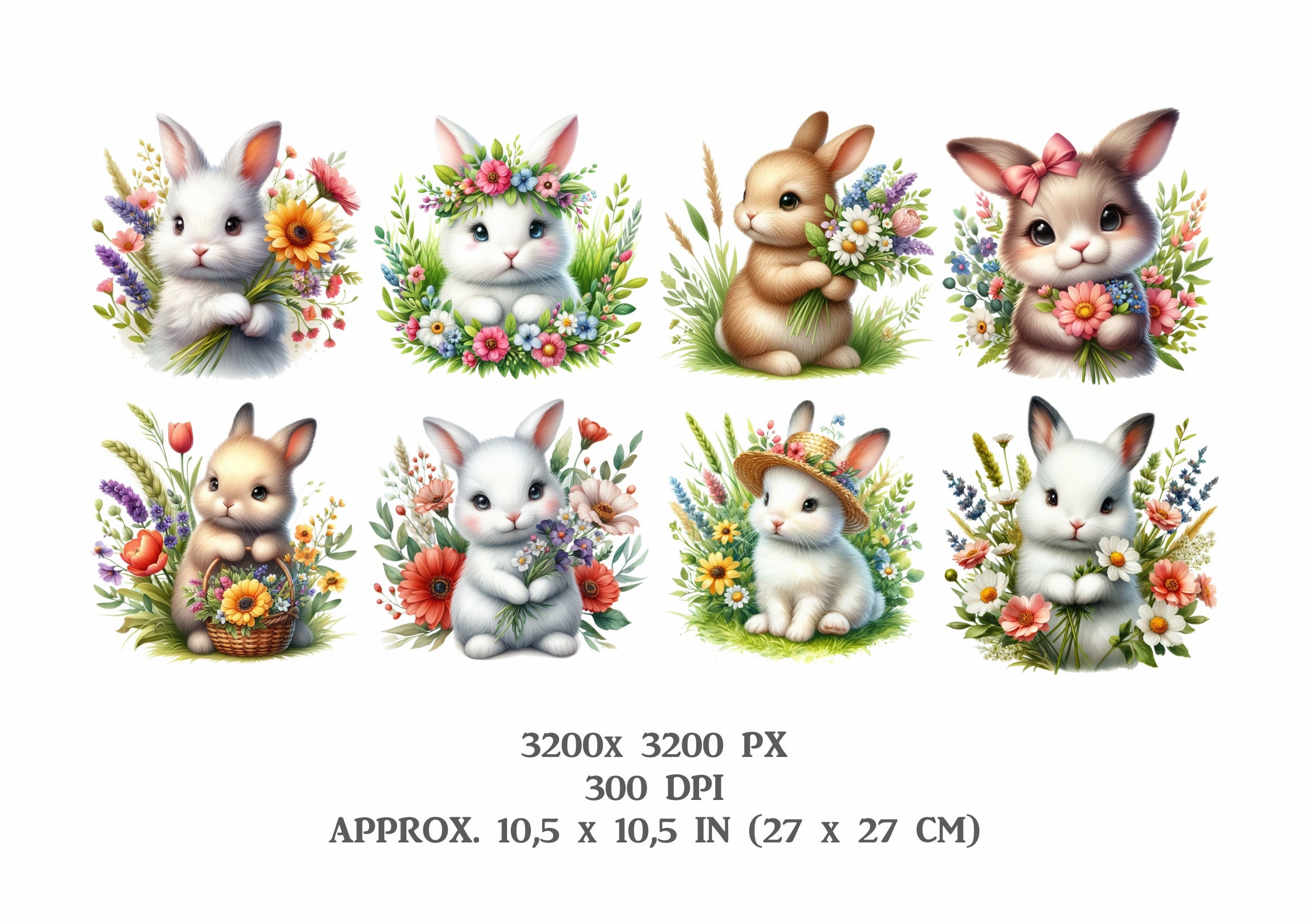 15 Watercolor Spring Bunny Pack, Cute Easter Rabbit With Flowers PNG ...