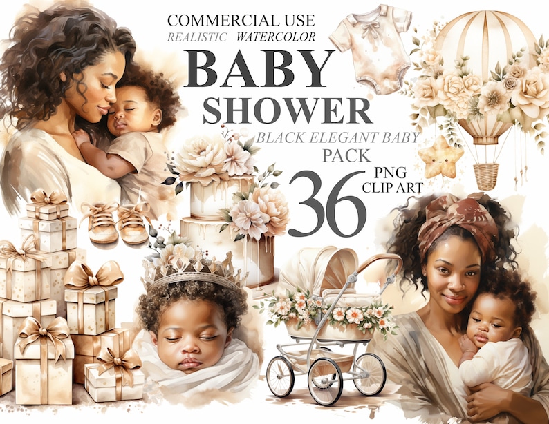 Op de afbeelding: Een aquarel-illustratieset voor een babyshower. De set bevat een moeder die een baby vasthoudt, een baby in een wieg, een taart, een luchtballon, een kinderwagen en cadeaus. De illustraties zijn in tinten bruin, beige en wit.