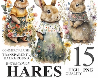 15 Cute Hares in Dresses Pack, Watercolor Spring Bunnies with Flowers PNG Clip art, Floral Nursery Decor Wall Art, Commercial Use 300 DPI