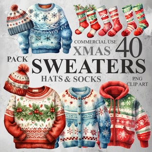 40 maglioni di Natale, cappelli e calzini Clipart invernali, pacchetto di clipart digitali PNG di maglioni di Natale brutti, illustrazioni di maglioni natalizi 300 DPI