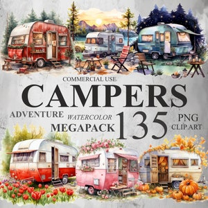 135 Megapack Adventure Campers Clipart, Watercolor Spring Autumn Halloween Cute Caravan PNG Digital Clip Art, Camping Travel Bundle, 300 DPI