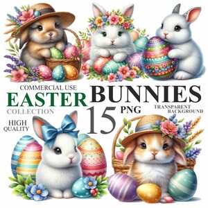15 Watercolor Easter Bunny Pack, Cute Rabbit With Easter Eggs and ...