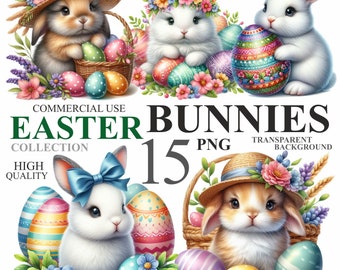 15 akvarell påskharepaket, söt kanin med påskägg och blommor PNG-clip art, vårhare clipartpaket, kommersiellt bruk 300 DPI