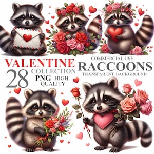 Pack de 28 ratons laveurs aquarelles pour la Saint-Valentin, 14 février animaux mignons Clip Art romantique Clipart Bundle, PNG de haute qualité, usage commercial 300 DPI