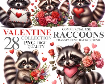 28 Watercolor Valentine Raccoons Pack, February 14th Cute Animals Clip Art Romantic Clipart Bundle, High Quality PNG, Commercial Use 300 DPI
