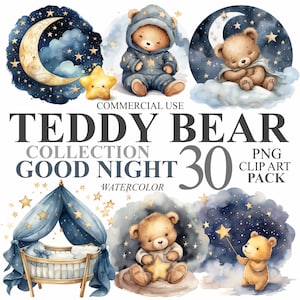30 Aquarell Gute Nacht Teddy Bär Sammlung Clipart, Baby Shower Bundle Digital Clip Art, Blau Gold Neugeborene Kinderzimmer PNG Illustrationen