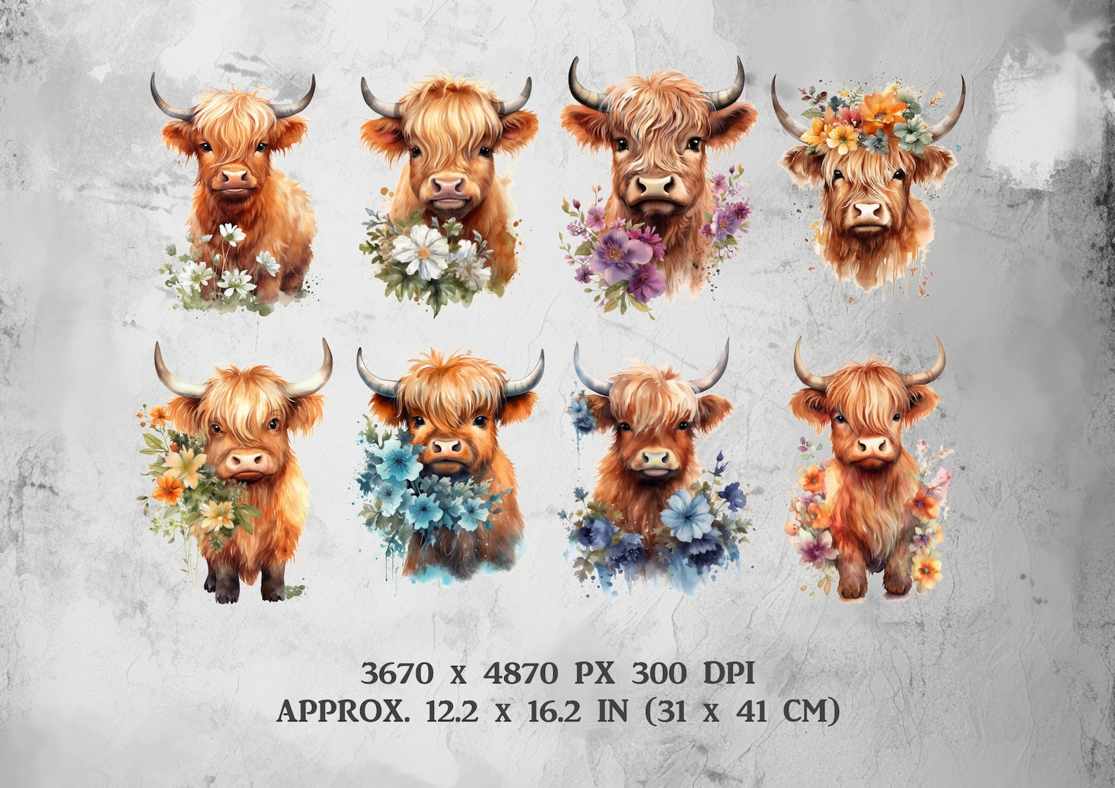 25 Highland Cows With Flowers Clipart, Watercolor Cute Cow PNG Digital ...