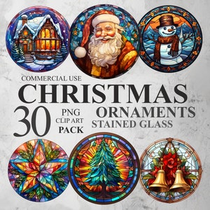30 Clipart di decorazioni natalizie in vetro colorato, adesivi digitali per regali di Natale, pacchetto di clipart digitali PNG, illustrazioni di Babbo Natale, 300 DPI