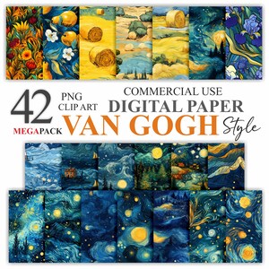 Pacote de 42 Megapack Estilo Van Gogh Papel Digital, Pintura de Noite Estrelada Galáxia Padrão Sem Costura Scrapbook, Arte Imprimível Sublimação 300 DPI