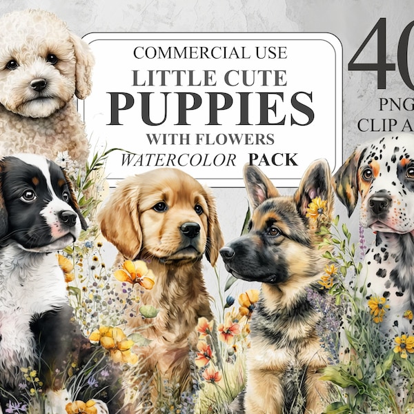 40 Cute Puppies and Flowers Clipart, Watercolor Little Dogs PNG Digital Clip art, Dog Sublimation Design, Floral Animal Clipart Bundle