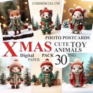 Paquete de 30 papeles digitales de animales navideños, fondos para postales navideñas con fotos y letras, tarjetas imprimibles, uso comercial, 300 DPI