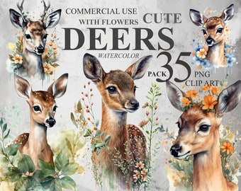 35 veados fofos com clipart de flores, aquarela de fulvo PNG clipart digital, ilustrações de veados de berçário, pacote de clipart transparente de animais selvagens
