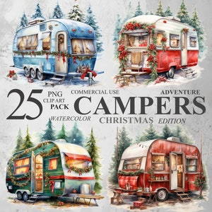 25 imágenes prediseñadas de campistas navideños, imágenes prediseñadas digitales PNG de caravanas navideñas en acuarela, paquete de imágenes prediseñadas de invierno, ilustraciones de viajes de campamento, 300 DPI