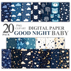 20 Good Night Baby Digital Paper Bundle Pack, Teddy Bear Seamless Pattern Scrapbook, Printable Blue Gold Nursery Background, Commercial Use