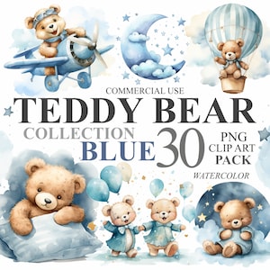 30 akwarelowych misiów Teddy Bear Collection Blue Clipart, chłopięcy Baby Shower Bundle Digital Clip Art, noworodkowy pokój dziecięcy PNG Transparentne ilustracje