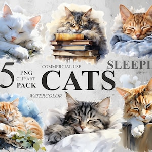 25 Sleeping Cats Clipart, Watercolor Cute Kittens PNG Digital Clip art, Cat Nursery PNG Illustrations, Transparent Animal Clipart Bundle