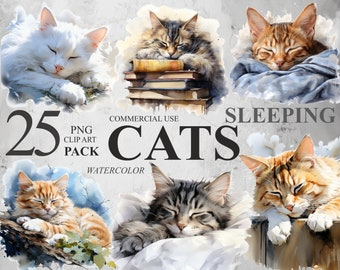 25 Sleeping Cats Clipart, Watercolor Cute Kittens PNG Digital Clip art, Cat Nursery PNG Illustrations, Transparent Animal Clipart Bundle